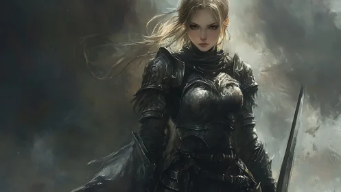 Dark-armored warrior strides from swirling storm clouds.