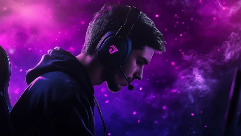 Side profile of headset user against purple backlit fog