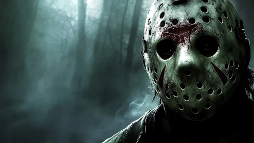 Hockey mask killer in foggy nightmare forest scene.