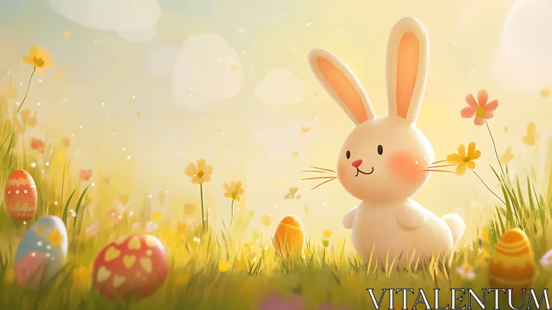 Cute plush bunny explores sunlit meadow with Easter eggs