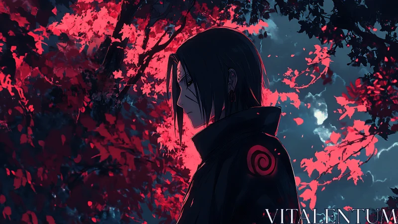 Solitary anime warrior contemplates under crimson forest glow