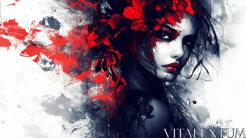 Crimson blossoms swirl around a mysterious, painted woman