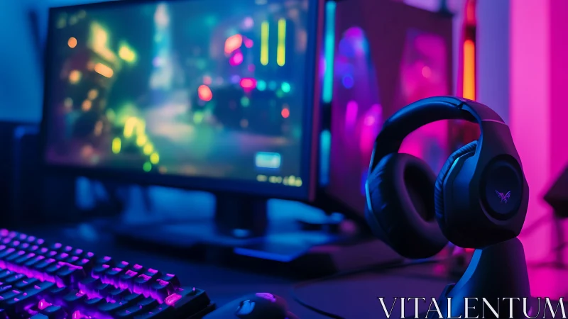 Immersive RGB gaming desk with neon-lit peripherals at night.