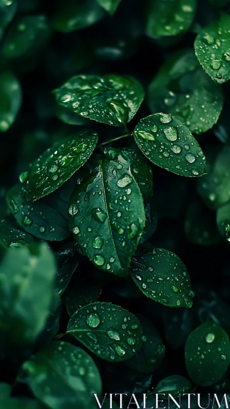 Wet green leaves display clustered raindrops in close detail