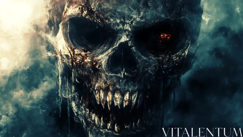 Digital painting of infernal skull with luminous eye socket focus.