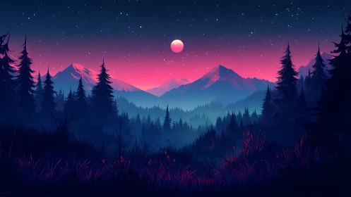 Alpine Moonrise Over Forested Mountains at Twilight.