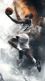 Soaring basketball dunk amid explosive fire and smoke storm.