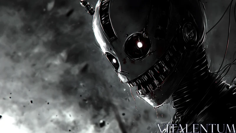 Sinister chrome android head in stormy monochrome haze.