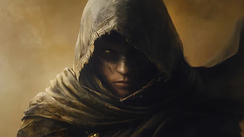 Hooded figure in shadowed cloak against warm hazy backdrop.