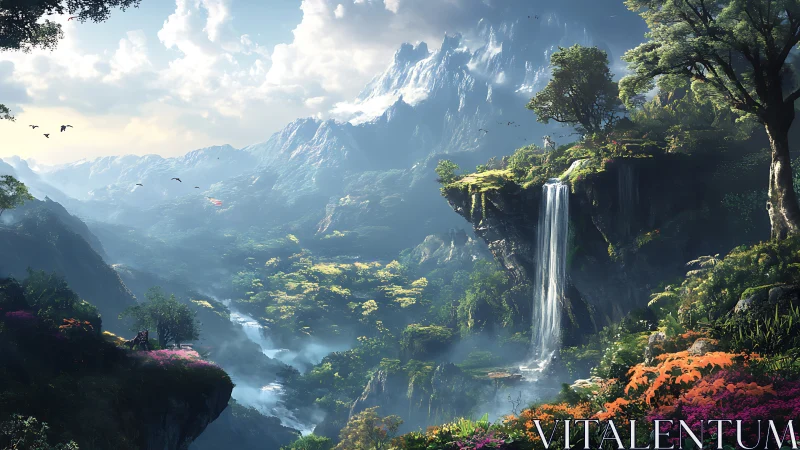 Expansive mountain valley with waterfalls and dense vegetation.