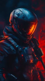 Armored space operative in red and blue illuminated field.