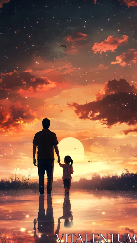 Silhouetted adult and child walking toward low sunset horizon.