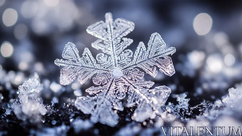 Single detailed snowflake rests sharply against blurred snow