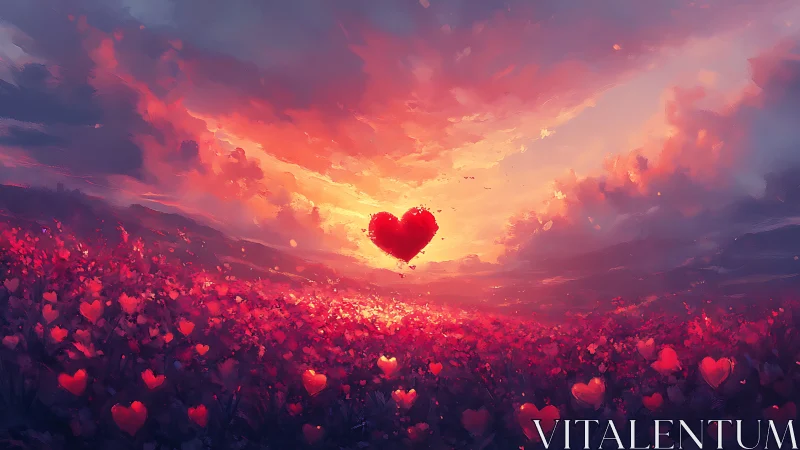 Luminous Heart Form Suspended Against Dramatic Sunset Sky with Particle Hearts
