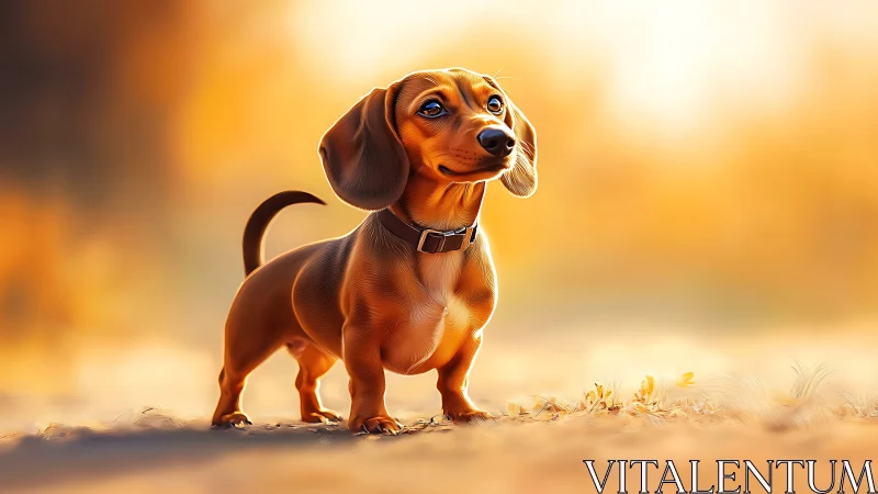 Short-haired dachshund standing on sunlit ground outdoors.