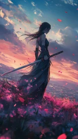 Anime warrior at sunset with dynamic atmospheric gradients.