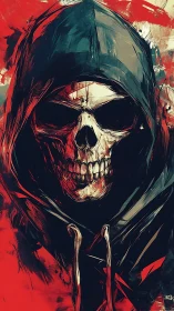 Hooded skull figure wrapped in bold red and shadowed tones.