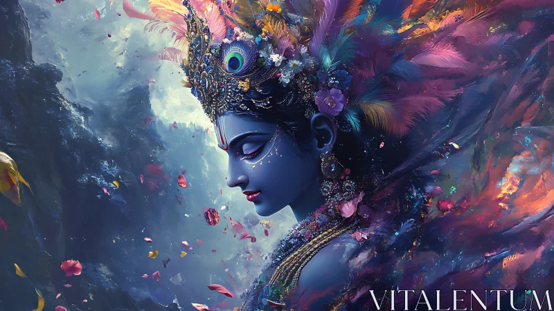 Digital painting of celestial goddess in iridescent feathered regalia.