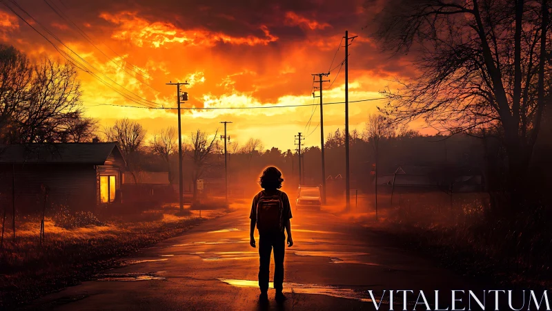 Child stands on rural road under intense orange sunset sky