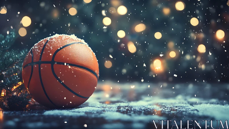 Basketball on snowy surface with blurred festive lights.
