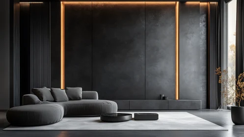 Cozy minimalist lounge with soft curves and warm glow.