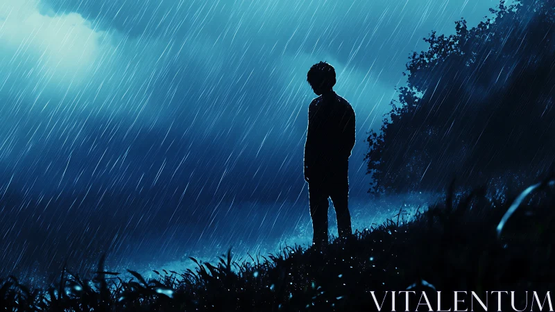 Backlit silhouette of lone figure in heavy blue-tinted rainfall