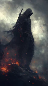 Hooded figure stands over burning ground in dense smoke