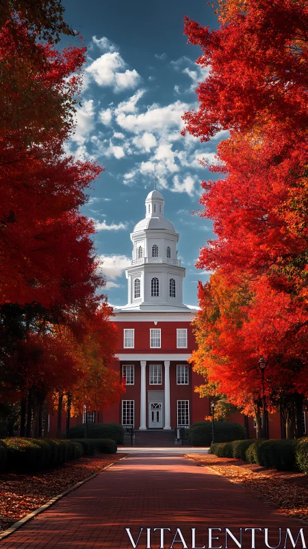 Symmetrical red brick hall framed by saturated autumn foliage