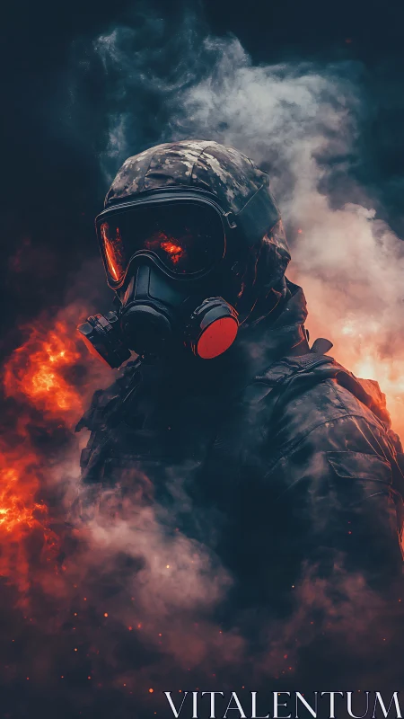 Armored soldier in gas mask stands amid infernal smoke