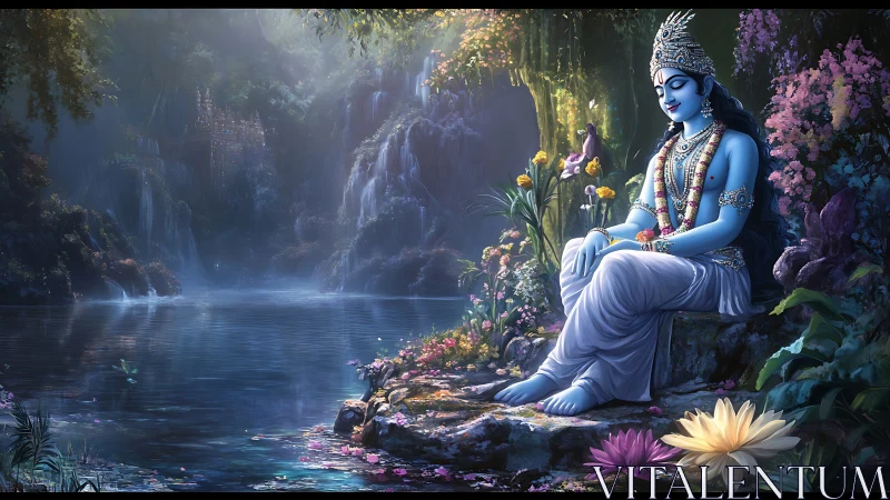 Blue divine figure meditates beside luminous forest lake
