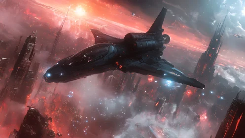 Star-hunting gunship slices through ember-lit cyber city haze
