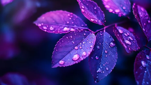 Macro view of purple leaves with water droplets at night.