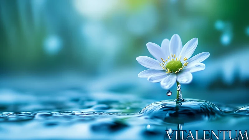 White daisy emerging from calm rippling blue water.