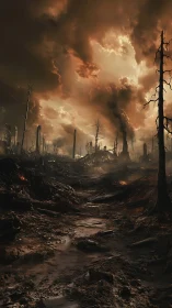 Burned forest landscape shows muddy ground and heavy smoke