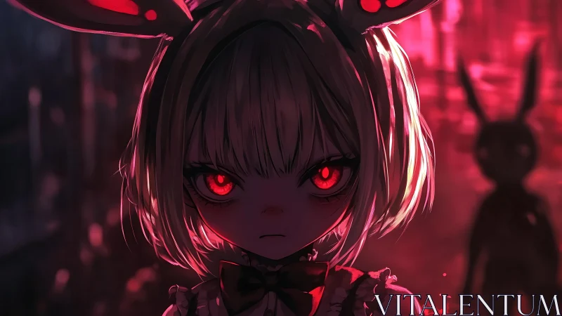 Crimson-eyed bunny girl under neon backlight, dark alleyway.