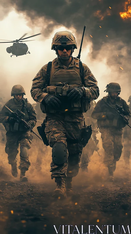 Modern infantry squad advancing through combat smoke and fire.