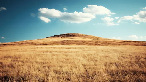 Golden hillside rolls gently beneath a calm blue sky