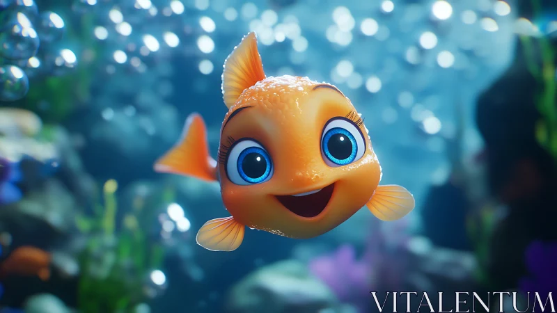 Smiling orange cartoon fish glides through glowing reef.