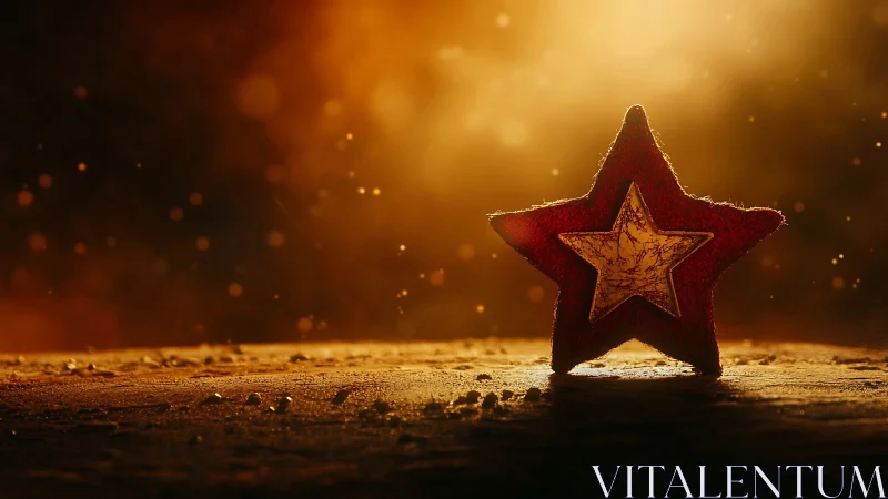 Red fabric star ornament stands on dusty surface backlit