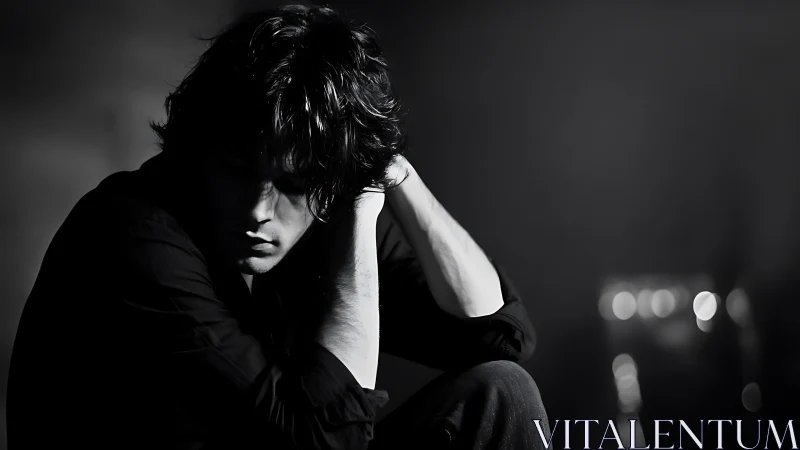 Pensive young man in moody black and white portrait.