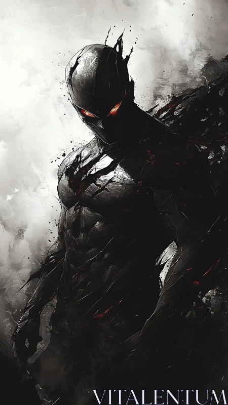 Ashborn sentinel with ember eyes stalking through stormed void.