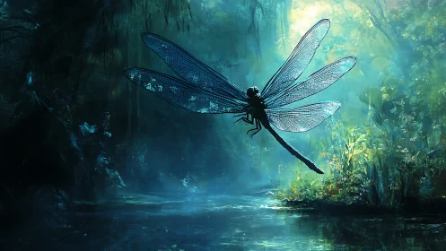 Luminous dragonfly silhouette above misted forest waterway.