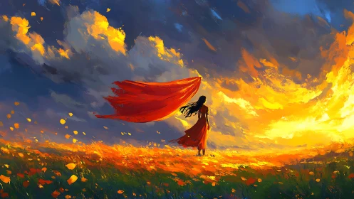 Woman in red dress faces blazing golden horizon sky.