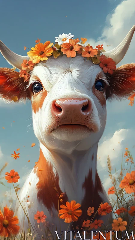 Cow portrait with floral crown in field under blue sky.