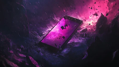 Glowing smartphone drifts through a storm of neon energy.