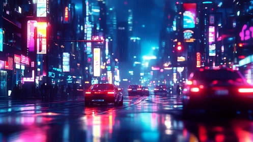 Neon city street shows wet night traffic under dense rain