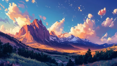 Glowing mountain valley basks in gentle evening light