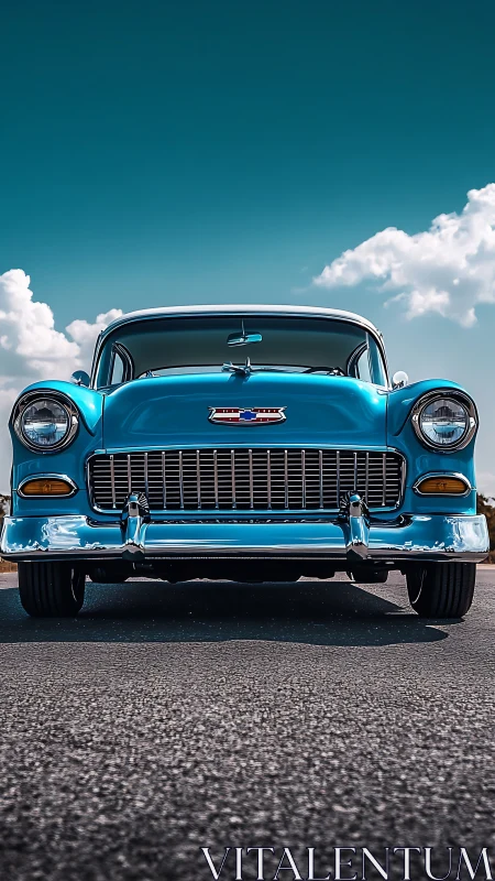 Classic blue vintage car front view under clear sky.