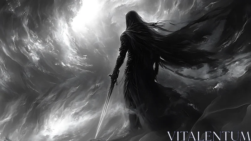 Monochrome warrior silhouette in storm-swept digital painting.