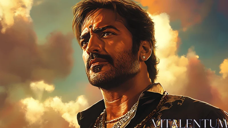 Man with beard and jewelry looks upward against cloudy sky